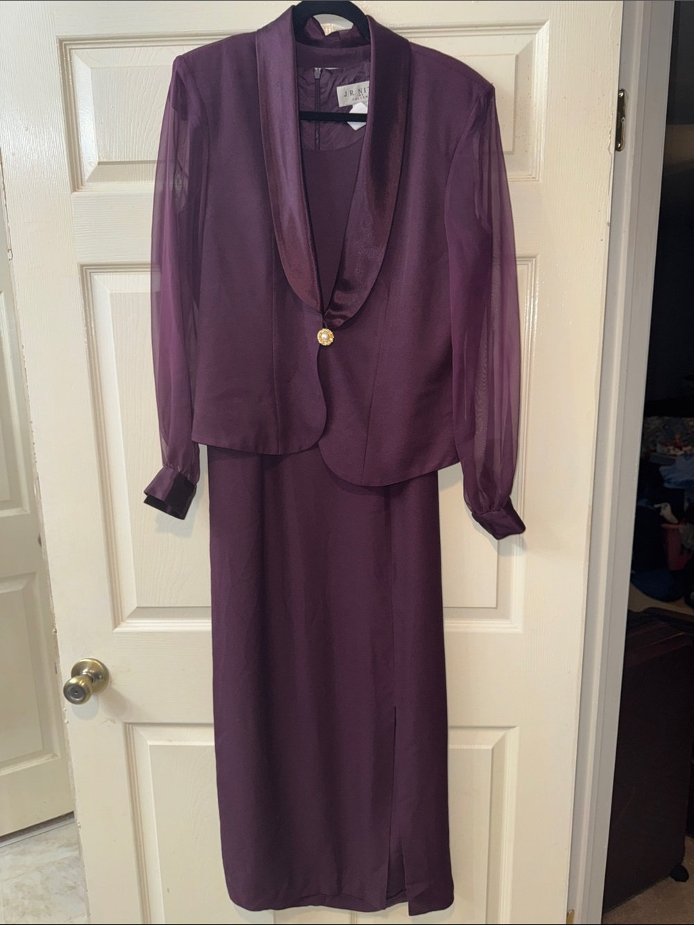 Vintage JR Nites by Caliendo Plum Two-Piece Dress Set Sheer Sleeve Jacket SZ 12